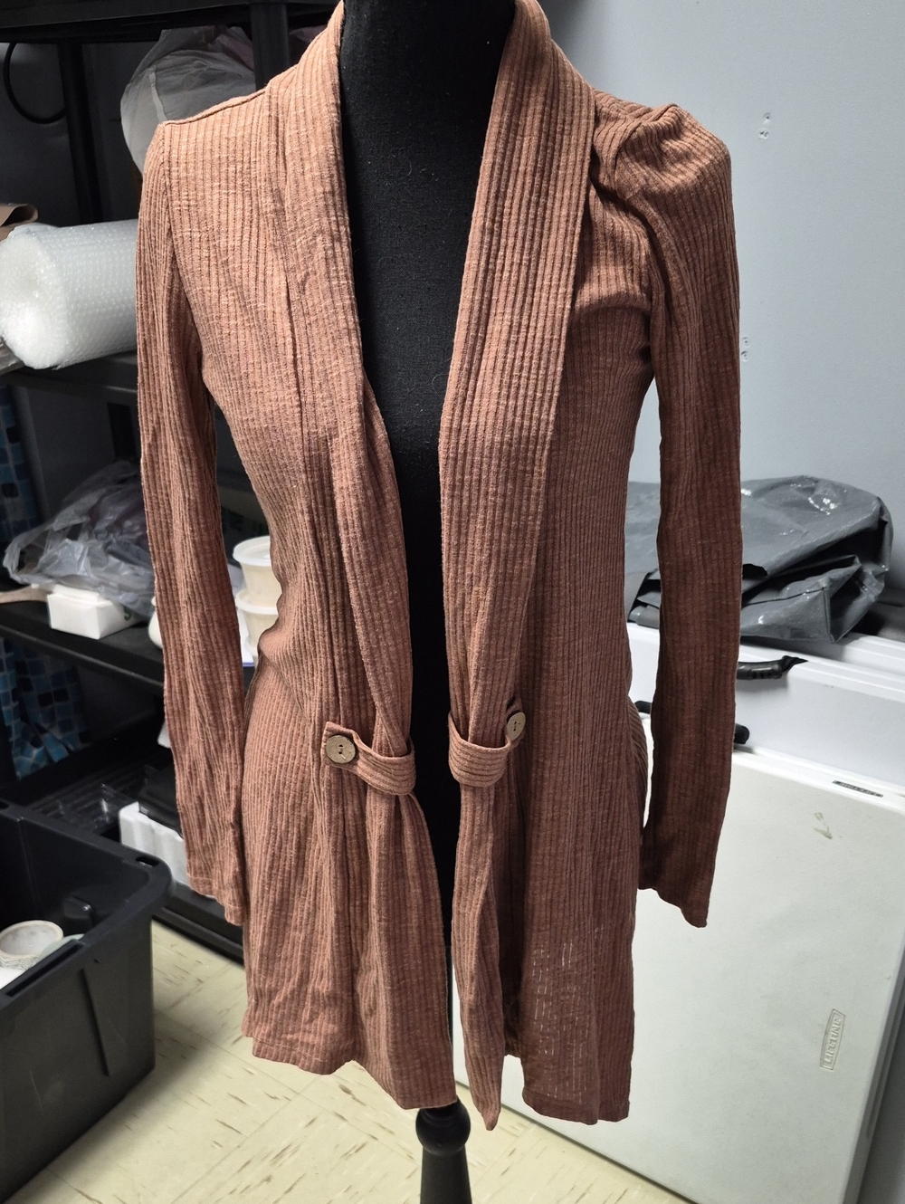 Long Ribbed Open-Front Blazer Jacket in Rust Brown